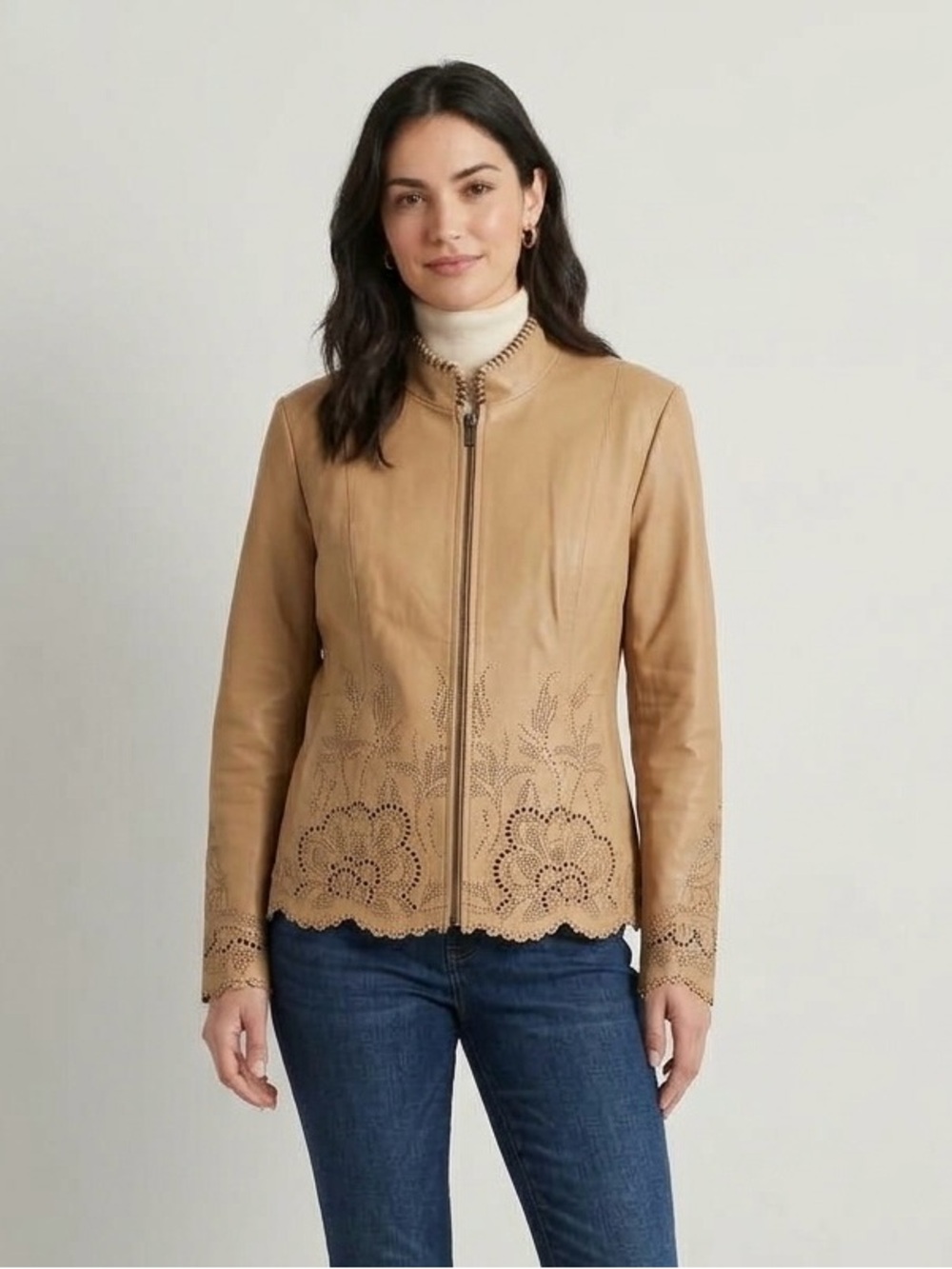 Vintage Y2K Genuine Tan Leather Embroidered Eyelet Jacket by Guillaume (Size L)
